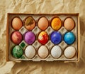 Happy Easter. Rustic Egg Circle on Wooden Tray Royalty Free Stock Photo