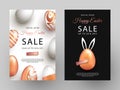 Easter Sale white, black and gold posters or flyers design set with eggs and rabbits ears.