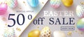 Happy Easter Sale banner.Beautiful Background with colorful eggs and golden serpentine. Vector illustration for website Royalty Free Stock Photo