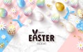 Happy Easter Sale banner.Beautiful Background with colorful eggs, paper bunnies,chamomile and golden serpentine. Vector Royalty Free Stock Photo