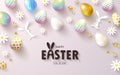 Happy Easter Sale banner.Beautiful Background with colorful eggs, paper bunnies,chamomile and golden serpentine. Vector Royalty Free Stock Photo