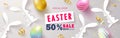 Happy Easter Sale banner.Beautiful Background with colorful eggs, paper bunnies and golden serpentine. Vector Royalty Free Stock Photo