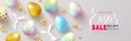 Happy Easter Sale banner.Beautiful Background with colorful eggs, paper bunnies and golden serpentine. Vector Royalty Free Stock Photo