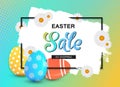 Happy Easter sale banner with eggs and frame. Royalty Free Stock Photo