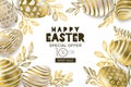 Happy Easter sale banner. Vector golden 3d eggs and gold leves. Design for holiday flyer, poster, party invitation. Royalty Free Stock Photo