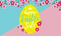 Happy Easter Sale banner with vector paper cut Easter egg and cherry flowers or apple tree spring blossom design on yellow, blue a Royalty Free Stock Photo