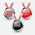 Happy Easter sale banners with realistic Easter rabbir`s ears, isolated on a gray background