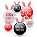 Happy Easter sale banners with realistic Easter rabbir`s ears, isolated on a gray background