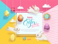 Happy Easter Sale Cute Bunny Vector Poster. Spring Discount Offer Banner Design With Rabbit On Colorful Geometric