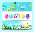 Happy Easter Sale Horizontal Banners Set with colorful eggs. Vector Illustration. Season sale. Concept for web banners and promoti
