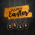 Happy easter sale offer, black banner template. Gold ornate eggs with lettering, isolated on black white background. Easter eggs Royalty Free Stock Photo