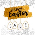 Happy easter sale offer, gold banner template. Gold ornate eggs with lettering, isolated on white white background. Easter eggs Royalty Free Stock Photo