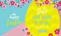Happy Easter Sale poster with paper cut Easter egg and cherry flowers or apple tree spring blossom design on bright yellow, blue a Royalty Free Stock Photo