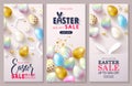 Happy Easter Sale Set of cards.Beautiful Background with colorful eggs, paper bunnies and golden serpentine. Vector Royalty Free Stock Photo