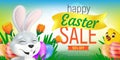 Happy Easter Sale web banner or flier template. Vector discount coupon illustration with cute bunny, chick, tulips and eggs on