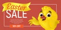 Happy Easter Sale web banner or flier template. Vector discount coupon illustration with cute chick showing on the discount offer Royalty Free Stock Photo