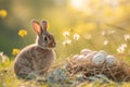 Happy easter salvation Eggs Cute Basket. White Electric Bunny whimsical. Easter bunny ears background wallpaper Royalty Free Stock Photo