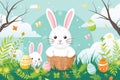 Happy easter salvation Eggs Easter Procession Basket. White Mourning Bunny type. Visual Effect background wallpaper Royalty Free Stock Photo