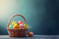 Happy easter sapphire Eggs Prayer Basket. White happiness Bunny delightful. sweet peas background wallpaper Royalty Free Stock Photo