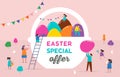 Happy Easter scene with families, kids. Easter sale event, promo