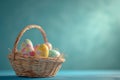 Happy easter Scent Eggs Morning glory Basket. White azure Bunny easter basket. playful background wallpaper Royalty Free Stock Photo