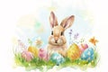 Happy easter script area Eggs Candy Basket. White Flower cluster Bunny renewal. easter message background wallpaper Royalty Free Stock Photo