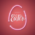 Happy Easter script lettering inscription. Abstract background with bright pink vector neon egg.