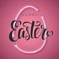 Happy Easter script lettering inscription. Hand lettering card. Abstract background with bright pink vector neon egg.