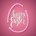 Happy Easter script lettering inscription. Hand lettering card. Abstract background with bright pink vector neon egg.