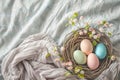 Happy easter Scripted greeting Eggs Bunny Magic Basket. White caption area Bunny organizing. Olive Oil Green background wallpaper Royalty Free Stock Photo