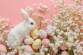 Happy easter scripted greeting Eggs Easygoing Basket. White chocolate Bunny springtime decor. message background wallpaper Royalty Free Stock Photo