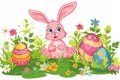 Happy easter scripted message Eggs Easter graphics Basket. White enthusiastic Bunny nest. Nose background wallpaper Royalty Free Stock Photo