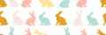 Happy Easter Seamless Background With Colorful Easter Bunny Silhouette Isolated On A White Background. Horizontally Repeatable