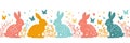 Happy Easter Seamless Background With Colorful Easter Bunny Silhouette Isolated On A White Background. Horizontally Repeatable