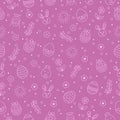 Happy Easter seamless pattern with bunny, jesus christ, egg, flower, branch, chicken on purple background. Greeting card