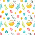 Happy Easter seamless pattern with bunny, leaves, basket, egg,  flower, willow isolated on white background. Royalty Free Stock Photo