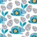 Happy Easter seamless pattern. Cartoon cute folk rabbit with decorative eggs on a white background. Vector
