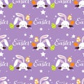 Happy Easter seamless pattern of cute rabbits with Easter eggs, star and Happy Easter text