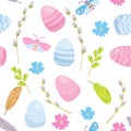 Happy Easter seamless pattern. Easter eggs, willow trees, bugs and flower