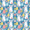 Happy Easter seamless pattern. Hand drah Easter background with colorful eggs and Easter bunnies