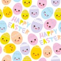 Happy Easter seamless pattern. Kawaii colorful blue green orange pink yellow egg with pink cheeks and winking eyes, pastel colors