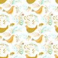 Happy Easter seamless pattern with leaves, flowers, hens, eggs.