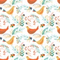 Happy Easter seamless pattern with leaves, flowers, hens, eggs.