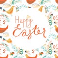 Happy Easter seamless pattern with leaves, flowers, hens, eggs.