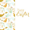 Happy Easter seamless pattern with leaves, flowers, hens, eggs.