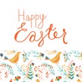 Happy Easter seamless pattern with leaves, flowers, hens, eggs.