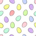Happy Easter seamless pattern with painted eggs. Fun holiday elements in delicate colors - pink, blue, yellow, purple Royalty Free Stock Photo