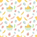 Happy easter seamless pattern, Spring ,colorful festive easter holiday. Vector graphics, wraping paper, chiken, eggs