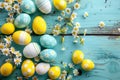 Happy easter Season Greeting Eggs Easter tradition Basket. White rose luster Bunny Easter tradition. Spring background wallpaper Royalty Free Stock Photo