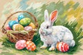 Happy easter seasonal greeting Eggs Jumping Basket. White renewed life Bunny pollinator. dainty background wallpaper